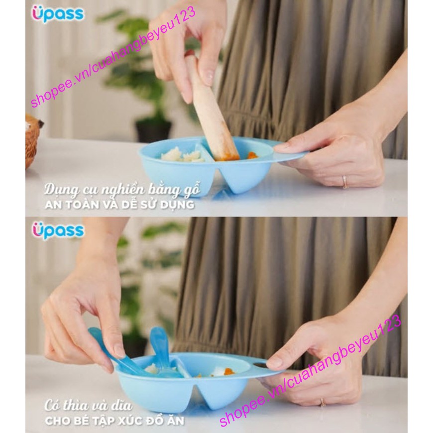 Bộ bát và dụng cụ nghiền thức ăn bằng gỗ Upass (kèm thìa và dĩa) màu hồng - Thái Lan - UP4010W