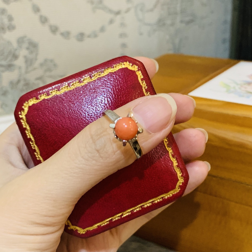 N35. Nhẫn Corallium rubrum vintage cam tươi | Độc lạ | Vintage Necklace|| Si Nhật | Japan | 2HAND | trang sức nhật bản