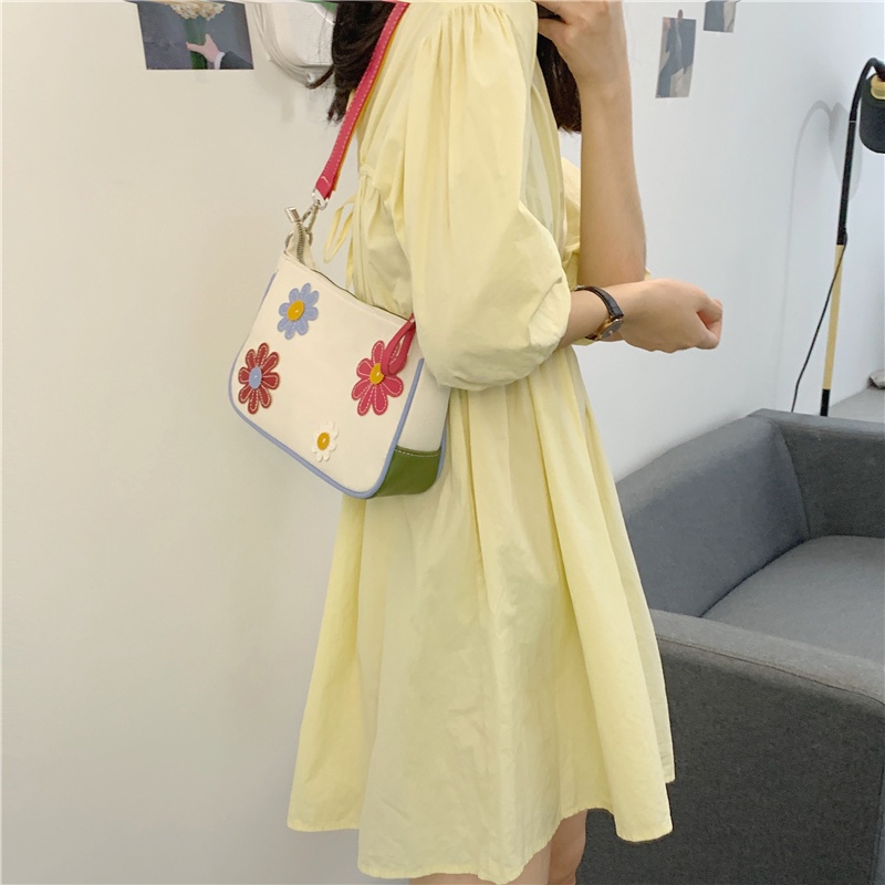 Túi IELGY đeo vai vải canvas họa tiết hoa màu sắc tương phản thời trang cho nữ