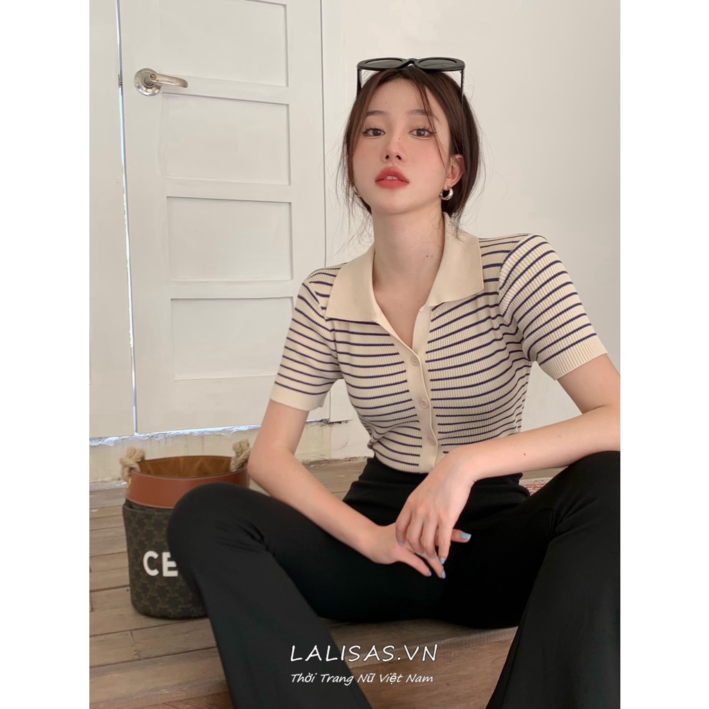 LALISAS Áo cardigan Dệt Kim Tay Ngắn Cổ POLO Họa Tiết Kẻ Sọc Thời Trang Hàn Quốc Cho Nữ