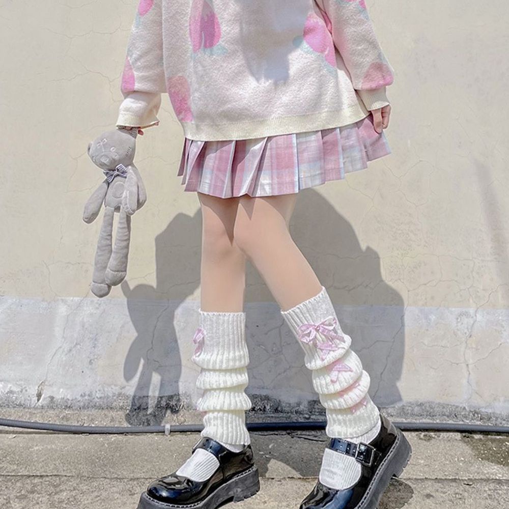 Tất ống chân dệt kim phối nơ giữ ấm phong cách lolita xinh xắn dễ thương