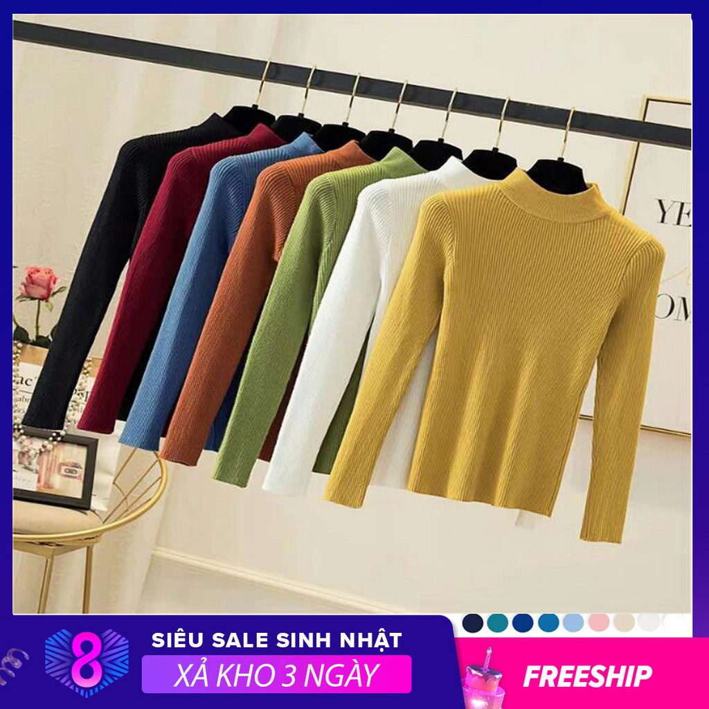 [ÁO LEN NỮ FREE SIZE] Áo len tăm cổ ngắn - Áo len cổ lọ - Áo len cổ 3P dày dặn cao co dãn 4 chiều cao cấp Hàn Quốc