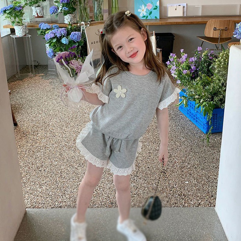 Se7en Set Áo Sơ Mi Ngắn Tay Màu Trơn + Quần Short Thời Trang Hè Hàn Quốc Cho Bé Gái