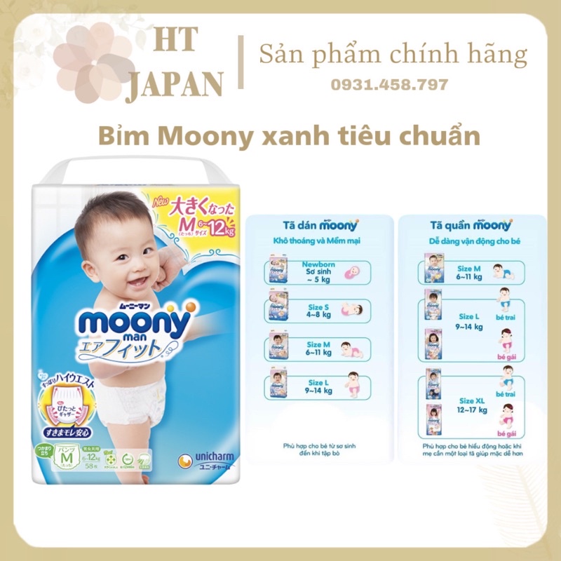 Bỉm/Tã dán/quần Moony cộng miếng/ tiêu chuẩn nội địa Nhật đủ size Nb96/S90/M68/ L54/ L44/ Xl44