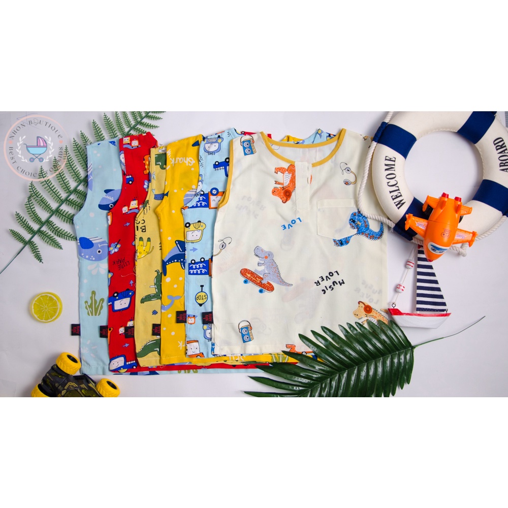 Bộ hè sát nách đáng yêu cho bé trai từ 8-19kg, chất liệu lanh lụa, Ba lỗ cho bé, Bộ tole