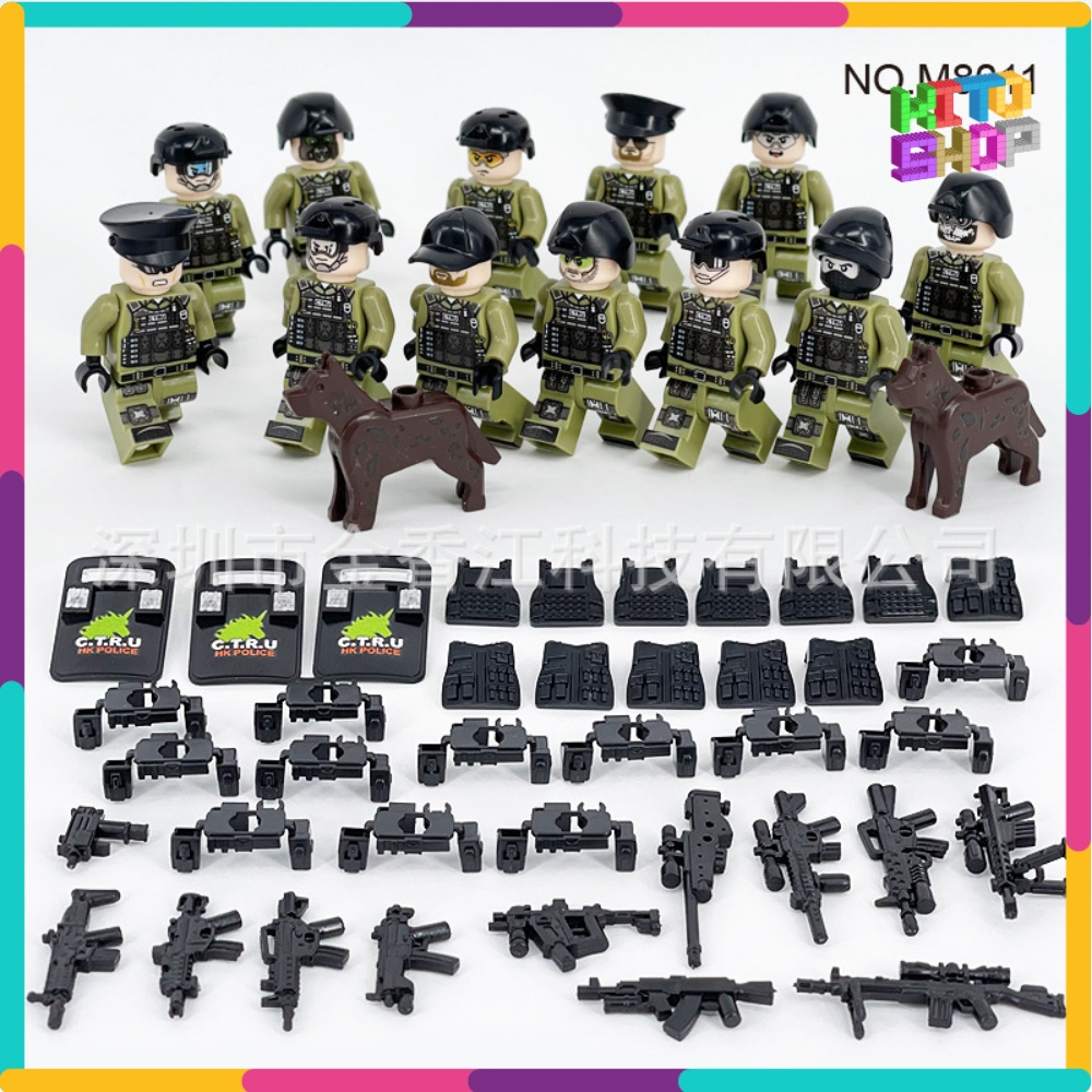 Đồ Chơi Xếp Hình Lắp Ráp Minifigures Quân Đội Cảnh Sát Swat Combo 12 Lính Có Giáp Trang Bị Và Chó Nghiệp Vụ M8011
