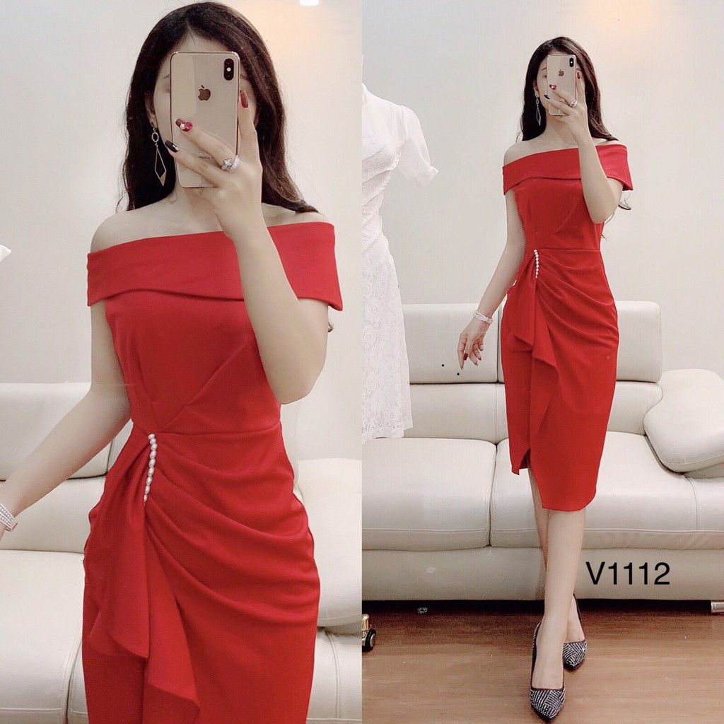 [ xả kho ] MiD Đầm đỏ trễ vai ngọc eo hàng thiết kế V1112 Mie Design ảnh thật
