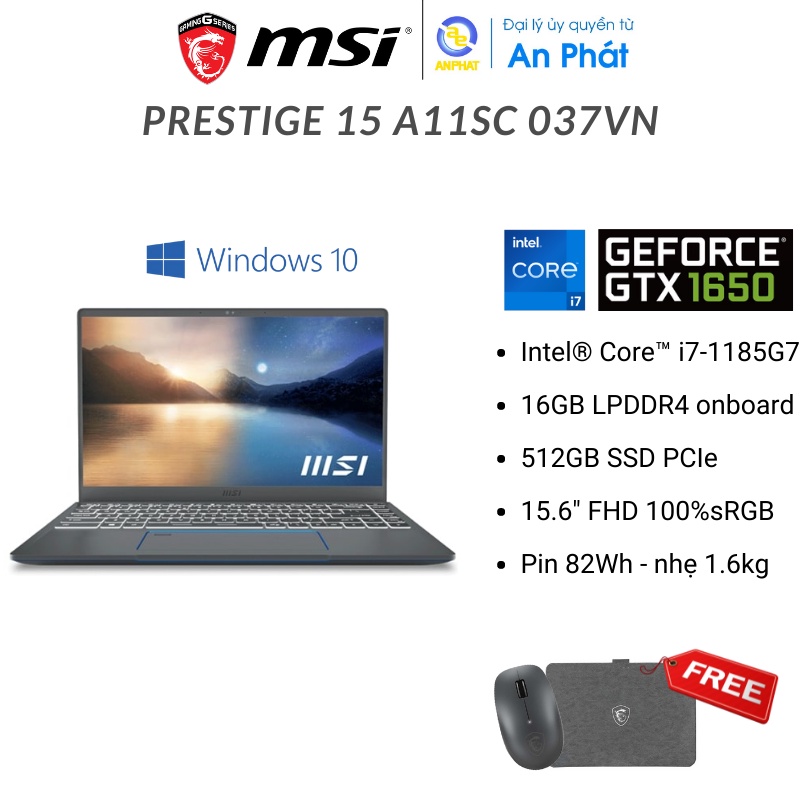 [Mã ELBAU7 giảm 7%] Laptop MSI Prestige 15 A11SC 037VN (Core ™ i7-1185G7 ) - Màu Xám