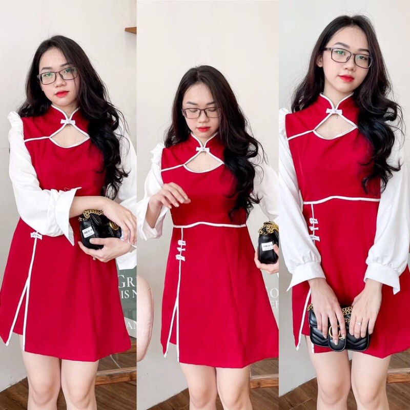 Đầm đỏ cổ tàu phối tay trắng phồng cutout ngực viền xẻ