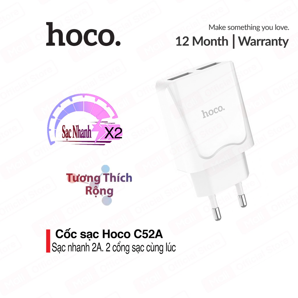 Củ sạc nhanh Hoco C52A 5V/2.4A 2 cổng sạc cùng lúc cho iPhone/iPad/Samsung/Xiaomi/Oppo và nhiều thiết bị điện tử khác