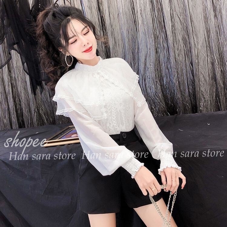 Áo ren dài tay Áo tay bồng Áo vintage tiểu thư cách điệu