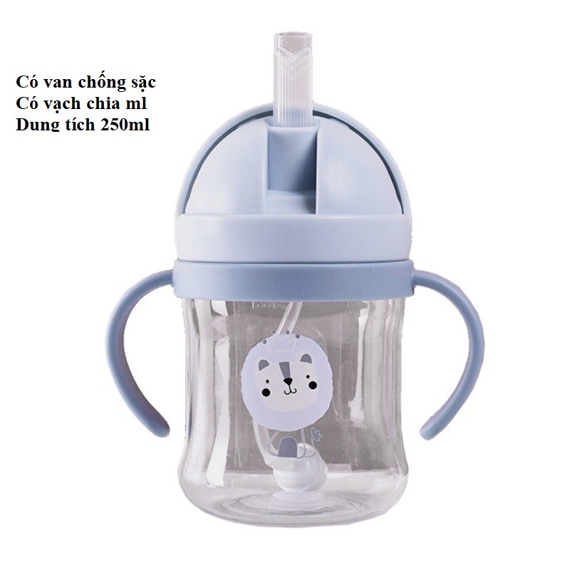 Bình nước tập uống có van chống sặc cho bé từ 6 tháng có tay cầm đi học đi chơi 250ml BN08 Homedy Kids