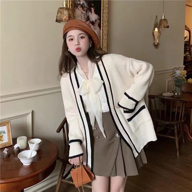 Áo khoác cadigan len trơn phong cách Hàn Quốc viền trắng đen