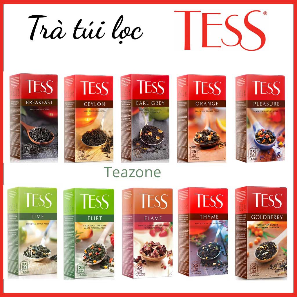 Trà túi lọc Tess của Nga - Trà xanh, trà đen, trà thảo mộc Tess hộp 25 gói x 1g
