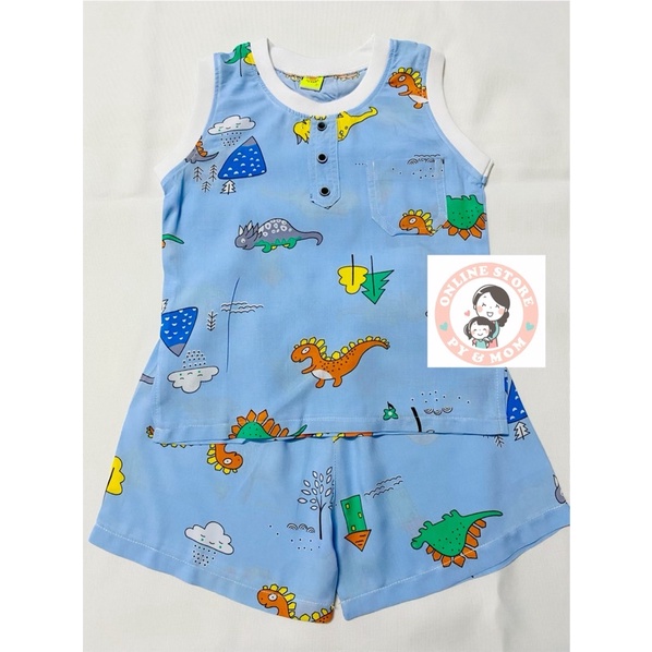 Chất vải tole lanh tôn tol hoạ tiết khủng long quần đùi áo sát nách đính túi như ảnh