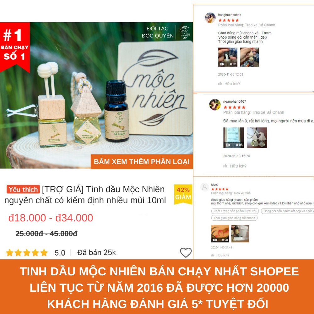 [TRỢ GIÁ] Tinh dầu Mộc Nhiên nguyên chất có kiểm định nhiều mùi 10ml, treo xe, kẹp điều hòa: Tinh dầu Sả Chanh, Bạc Hà