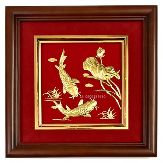 Tranh cá chép hoa sen tranh song ngư mạ vàng