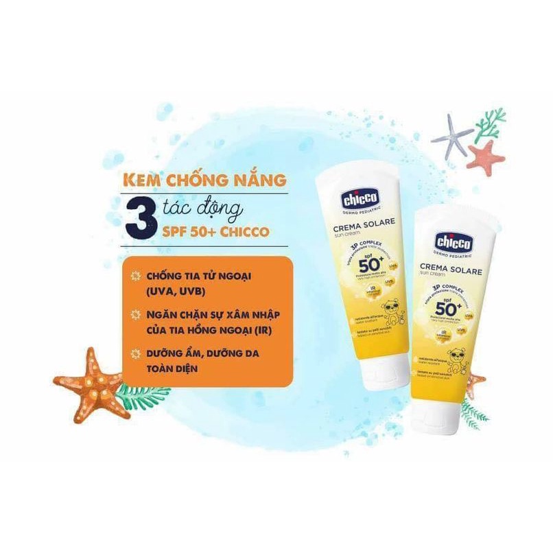 Kem chống nắng 3 tác động Chicco Ý 75ml an toàn cho bé từ sơ sinh hàng chính hãng