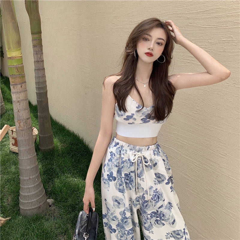 Camellia flower printed elastic sportswear casual pants women's loose spring and summer retro minority high waist slim Leggings