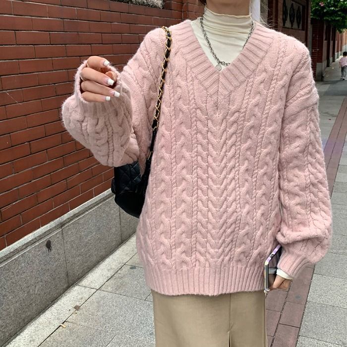 Áo len cổ chữ V dáng rộng thời trang thu đông mới