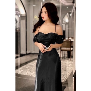 Đầm xếp ly lụa trễ vai
