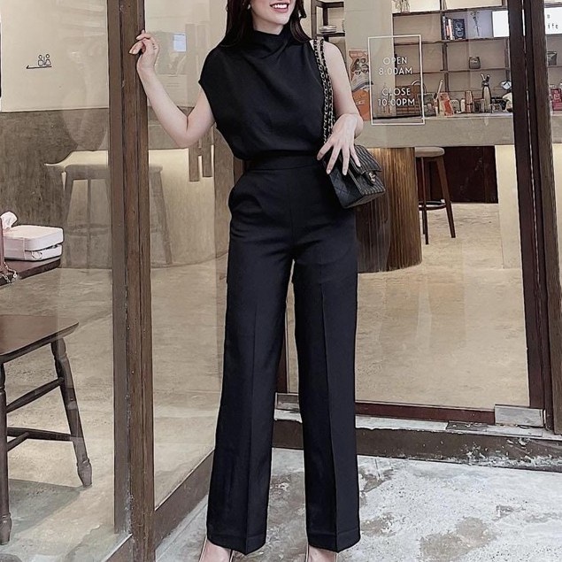 Quần tây ống rộng nữ lưng cao khóa sườn dáng dài công sở màu đen vải mềm - Quần vải nữ cạp cao ống suông đứng mặc đi học