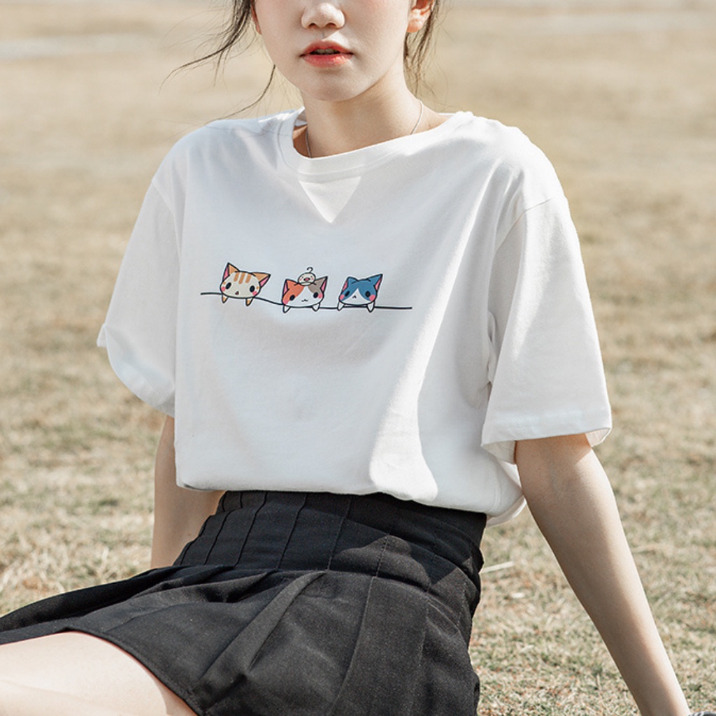Áo thun nữ KENA form áo đơn giản hình in mèo ngộ nghĩnh vải cotton mềm mát - KAT-107