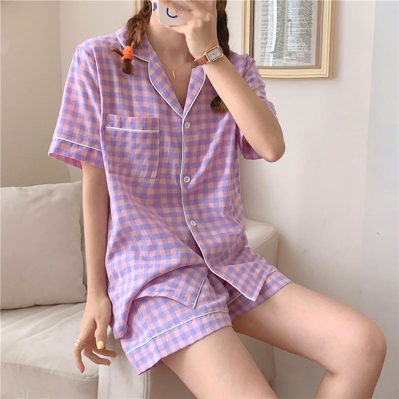 Bộ Đồ Ngủ Ngắn Tay Dáng Rộng Họa Tiết Ca Rô Hàn Quốc Thoải Mái Dành Cho Nữ Size M-2XL/75kg