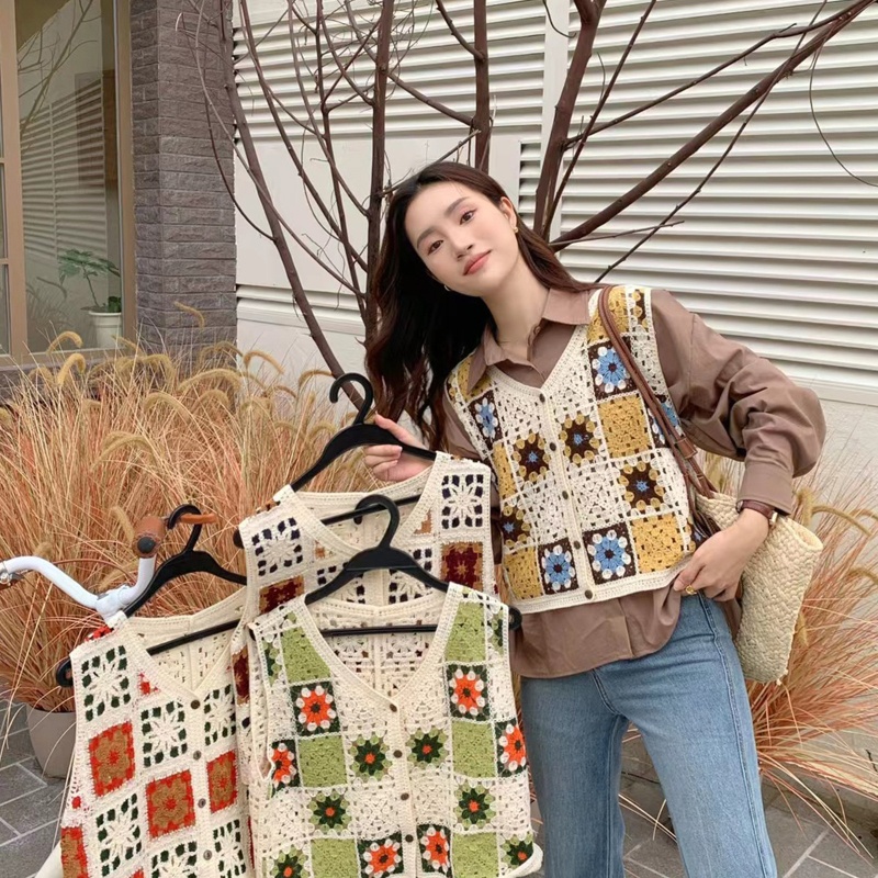 Áo Khoác Len Móc Cài Nút Họa Tiết Hoa Boho Thời Trang Mùa Hè Cho Nữ