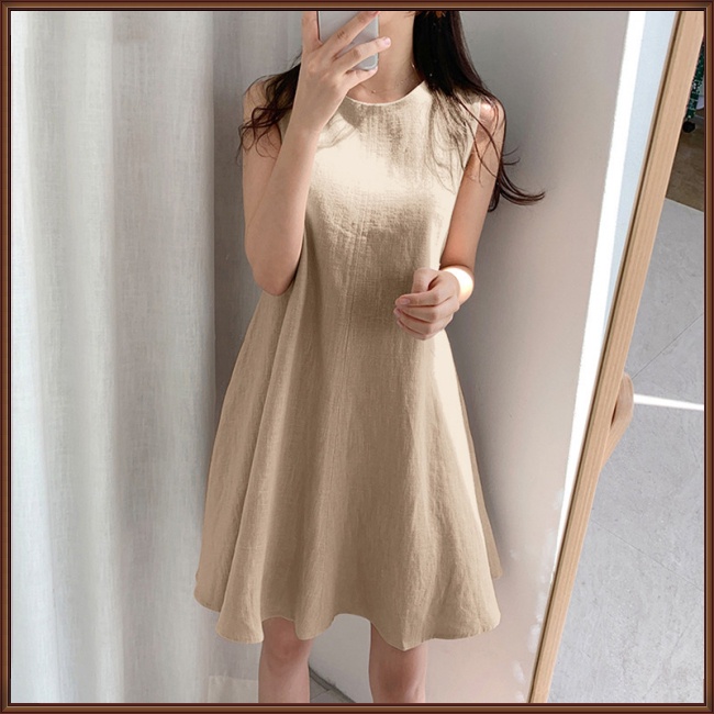 Đầm Ngắn Sát Nách Cổ Tròn Tròn Màu Trơn Bằng Vải Lanh Cotton Cho Nữ