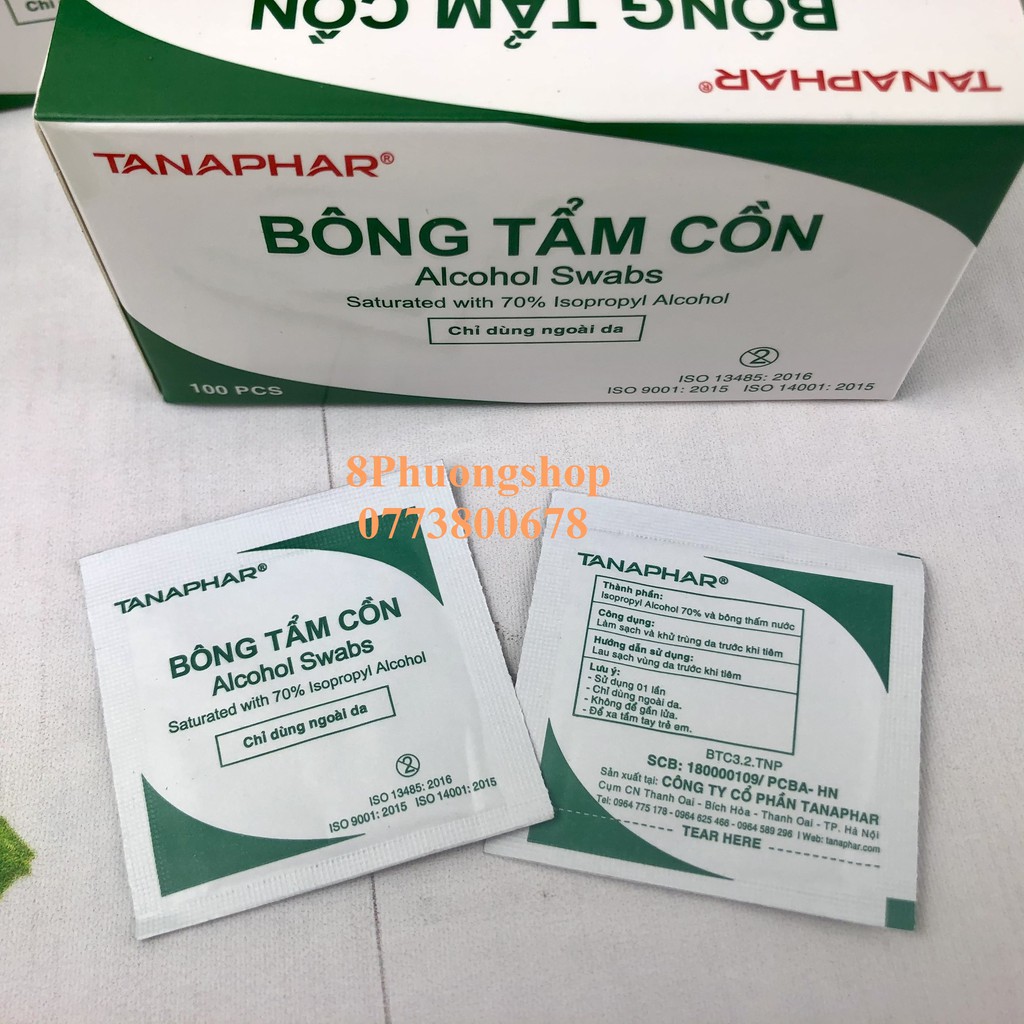 Bông tẩm cồn sát trùng TANAPHAR hộp 100 miếng tiện lợi - Bông tẩm cồn Tanaphar khử khuẩn vật dụng, sát trùng trước tiêm