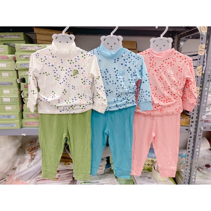 Bộ giữ nhiệt cao cổ cài vai Bu Baby hoạ tiết chân cún