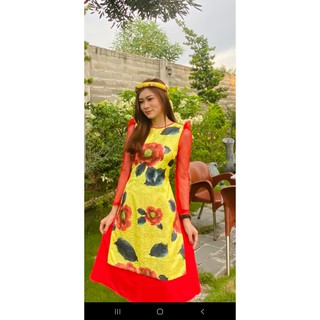 giá hủy diệt- áo dài cách tân hoa hồng màu vàng ( tặng váy, tặng mấn)