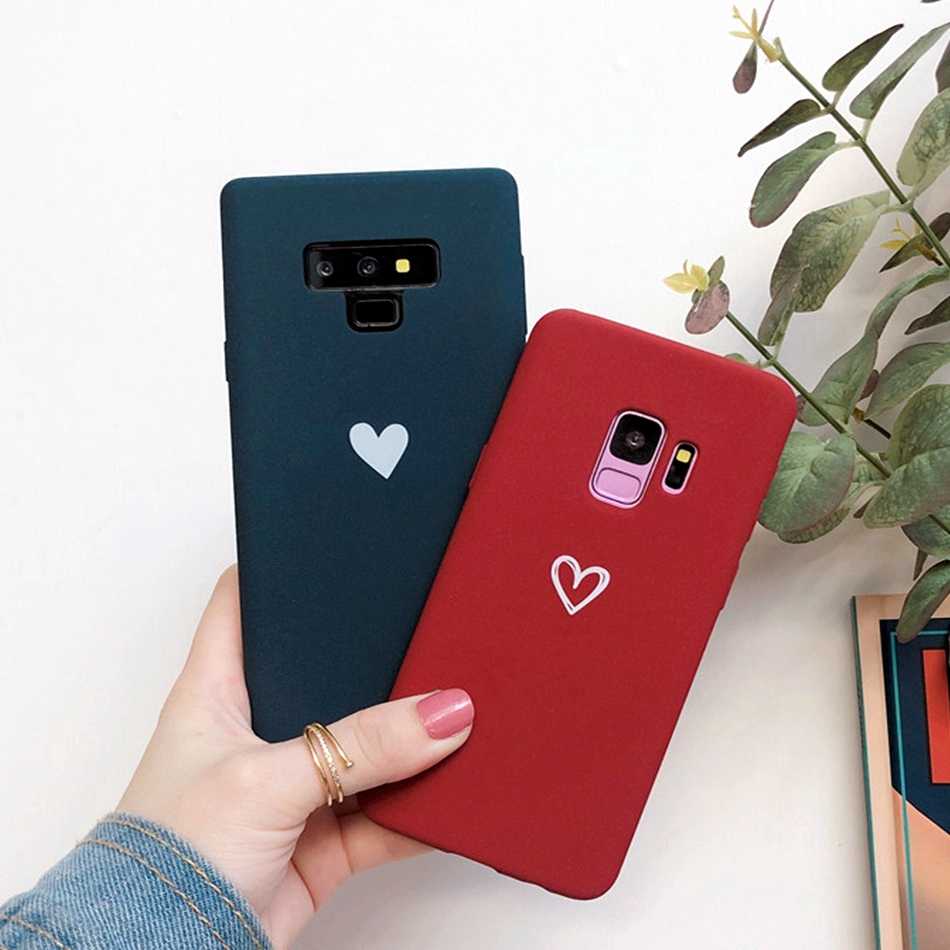 Ốp điện thoại silicone màu trơn nhám siêu mỏng in hình trái tim dễ thương Galaxy S10 Plus S10e S6 S7 Edge S8 S9 Plus