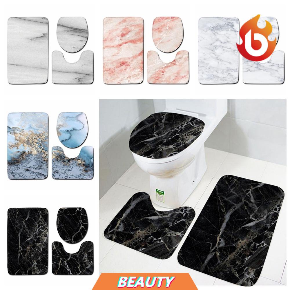 BEAUTY 3pcs New Bathroom Mat Set Home Decor Pedestal Rug Bath Mats Anti Slip Marble Pattern High Quality Washable Toilet Seat Lid Cover