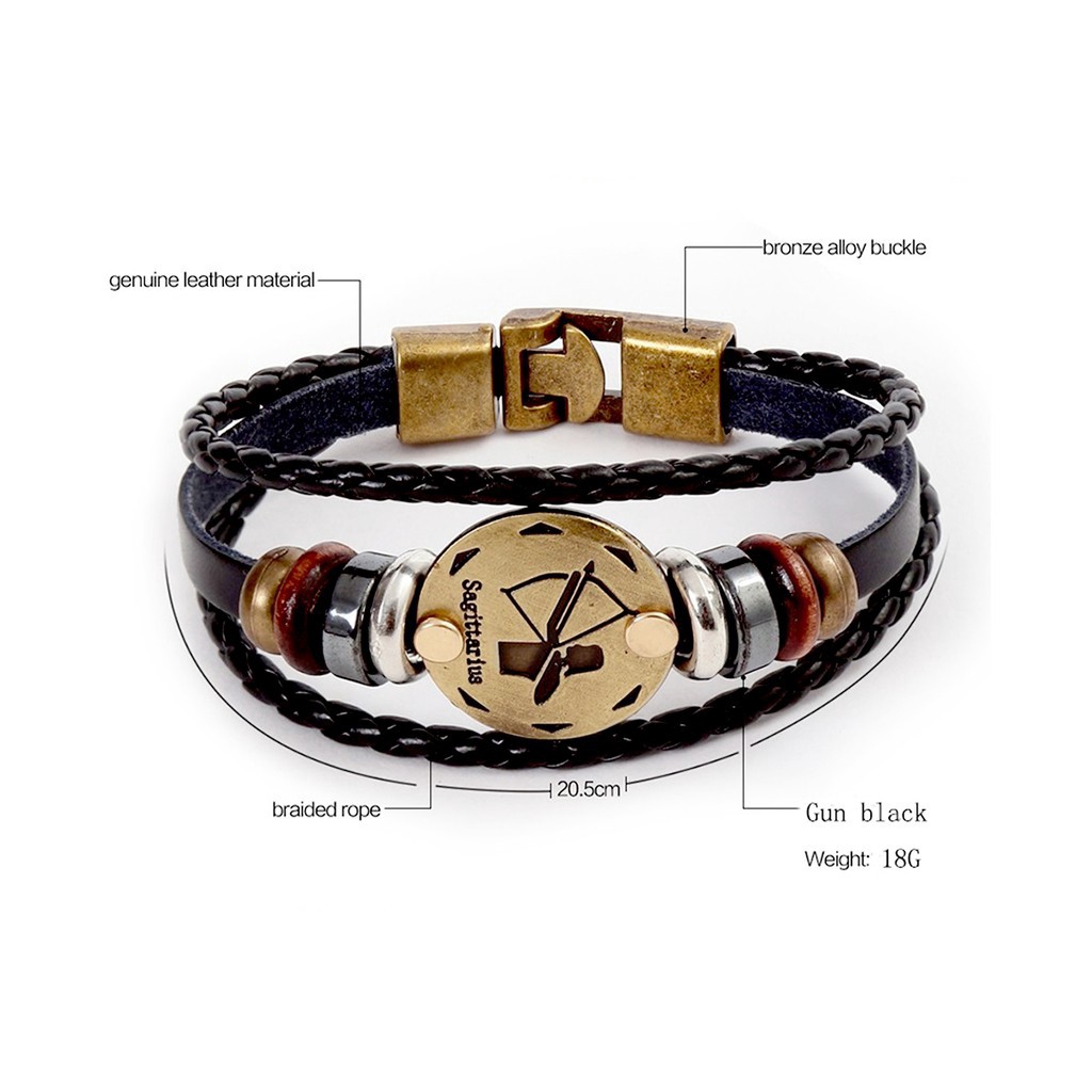 HANDMADE Vòng Tay Da Bò Đính Mặt Hình Cung Hoàng Đạo