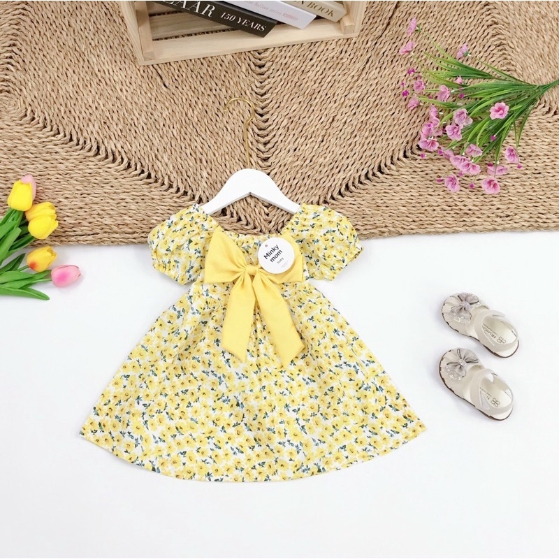 Váy hoa thắt nơ ngực chất thô lụa mềm mịn cho bé gái 8-22kg