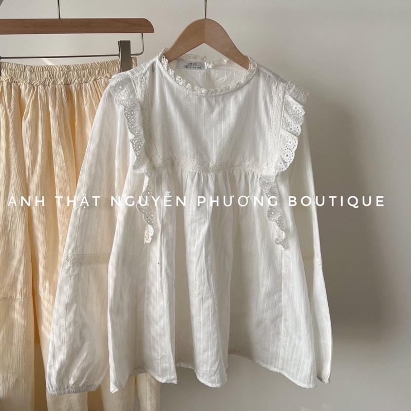 Áo babydoll trắng bèo ren cách điệu tay bo chun tiểu thư siêu xinh