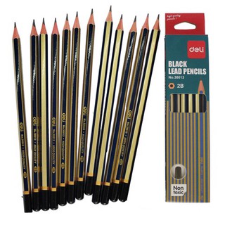 Bút chì vàng xanh không gôm 2B Deli 38013 - Hộp gồm 12 cây