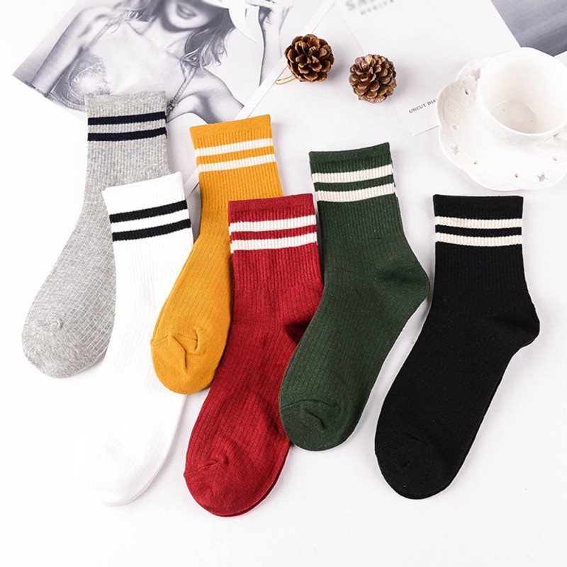Tất cotton cổ cao viền 2 sọc nổi bật cho nữ