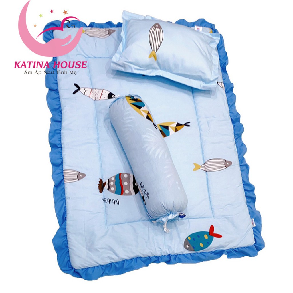 Bộ nệm gối trẻ em 1-4t, vải cotton 100% thoáng mát, nệm bèo đáng yêu cho bé 75x110cm