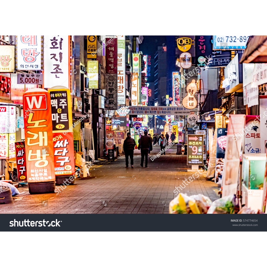 Tranh lụa 3D trang trí quán ăn, quán nướng hẻm Phố Hàn Quốc - Korea về đêm rực rỡ ánh đèn