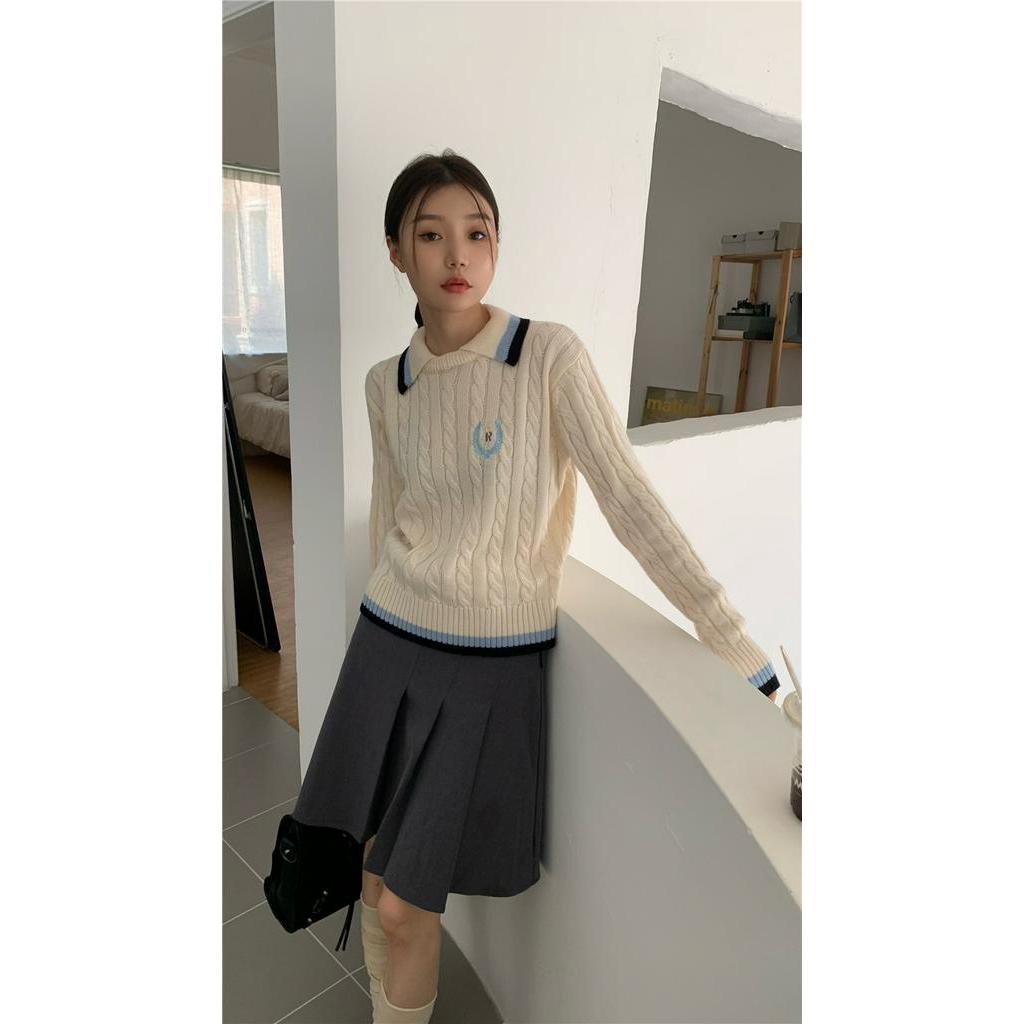 Áo Sweater Dệt Kim Tay Dài Cổ polo Thêu Họa Tiết Màu Sắc Tương Phản Phong Cách Preppy 5648