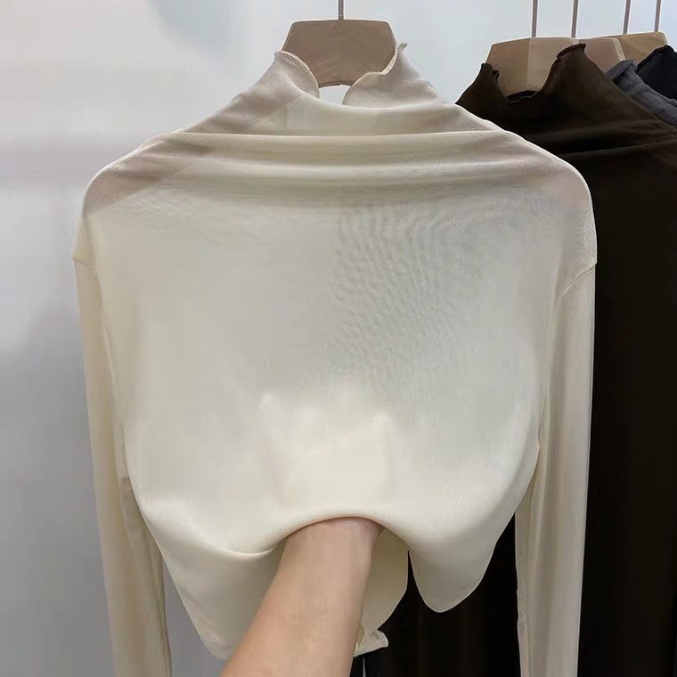 2023 new niche design sense of high neck inside the mesh top sunscreen foreign air age reduction lace undershirt women's T-shirt
