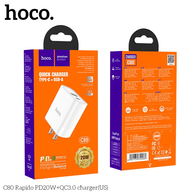 Củ sạc nhanh HOCO C80 20W thích hợp cho  13 Pro Max 12 Mini Type C PD 20W