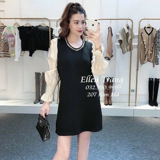 váy suông dài tay bo chun phối dây xích màu đen xinh xắn