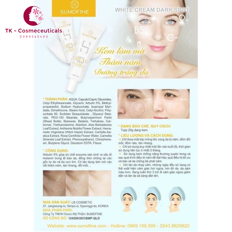 Kem Sumdfine White Cream Làm Giảm Vết Thâm Nám, Trắng Da - 20g