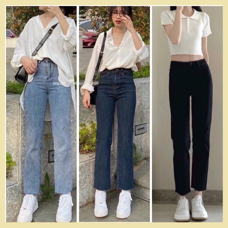 Quần bò jean nữ ống đứng co giãn suông rộng jeans cạp cao cao cấp Hottrend 2022