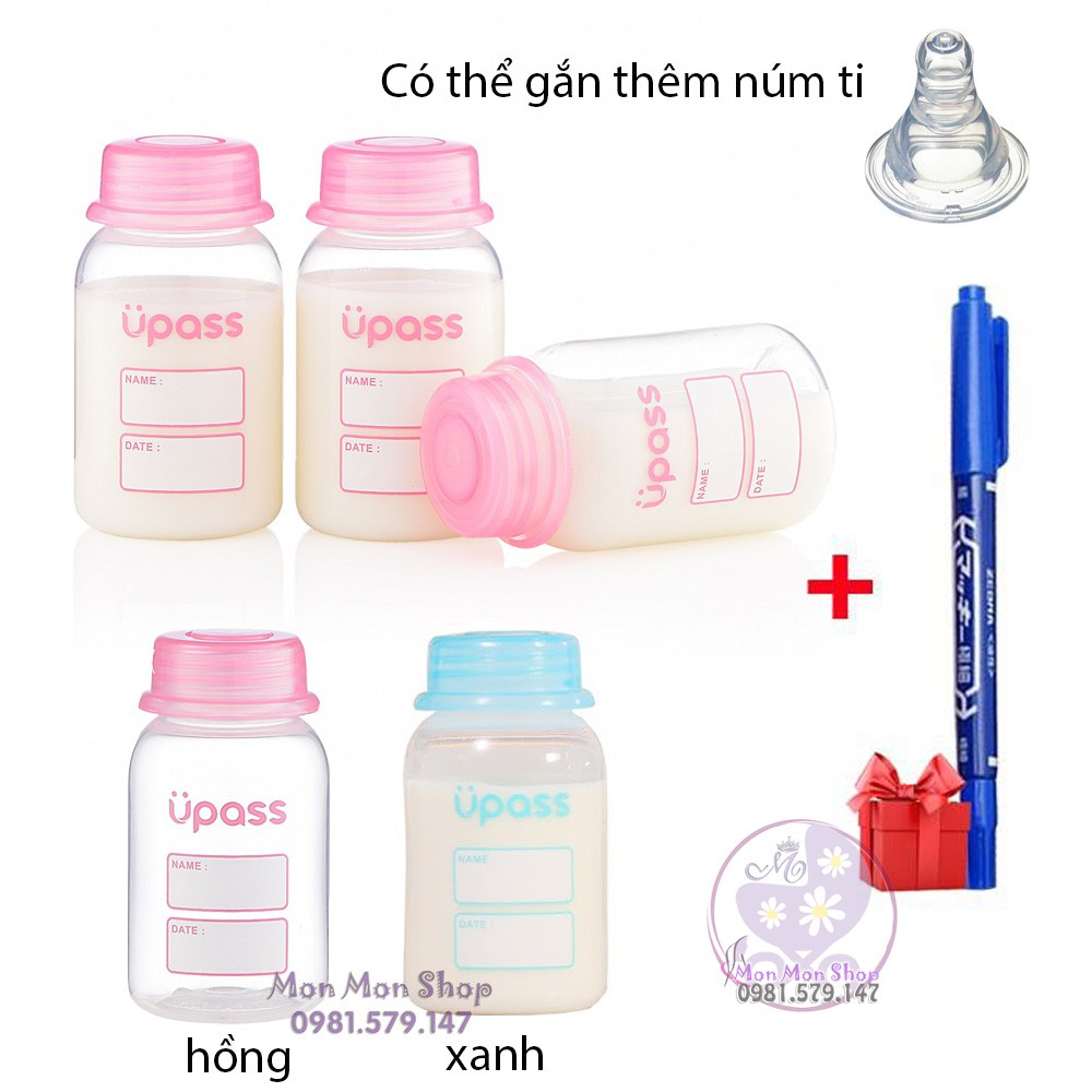 (Tặng bút ghi) Bộ 3 bình trữ sữa Upass có thể gắn thêm núm ti 125ml