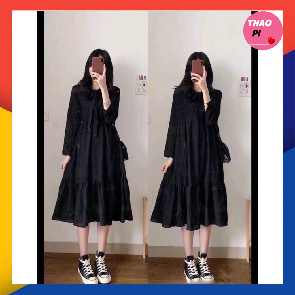 Đầm suông babydoll cột nơ ngực tay dài dễ thương siêu đẹp